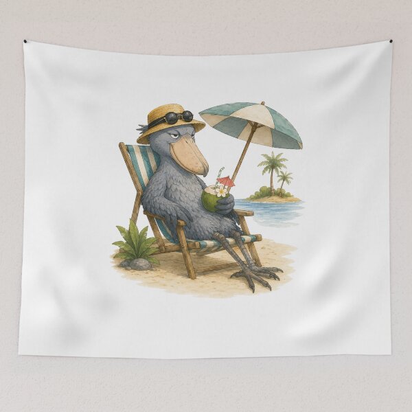 Item preview, Cute Shoebill on Summer Vacation | Tropical Beach Bird Illustration designed and sold by Little Moments Co..