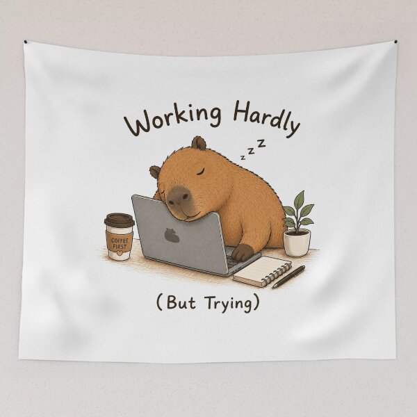 Item preview, Working Hardly (But Trying) Sleepy Capybara with Laptop & Coffee designed and sold by Little Moments Co..