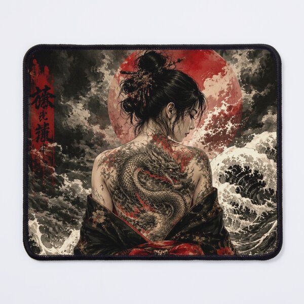 Item preview, Women's Black Kimono with Dragon Irezumi - Red Moon and Japanese Waves designed and sold by Natalia-Vlad.