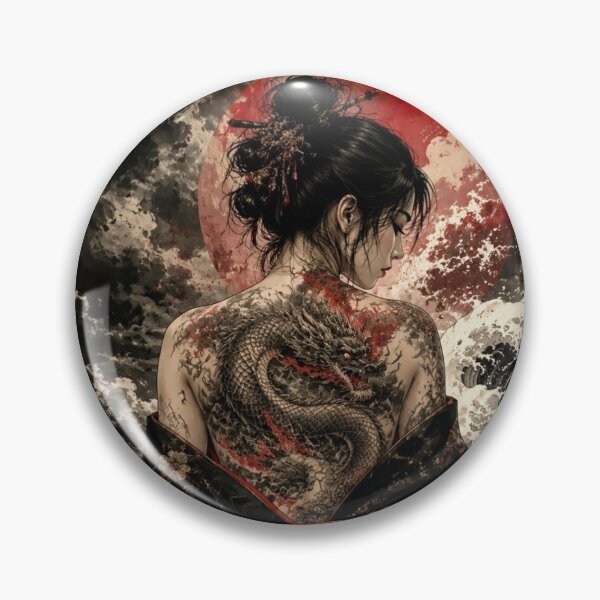 Item preview, Women's Black Kimono with Dragon Irezumi - Red Moon and Japanese Waves designed and sold by Natalia-Vlad.