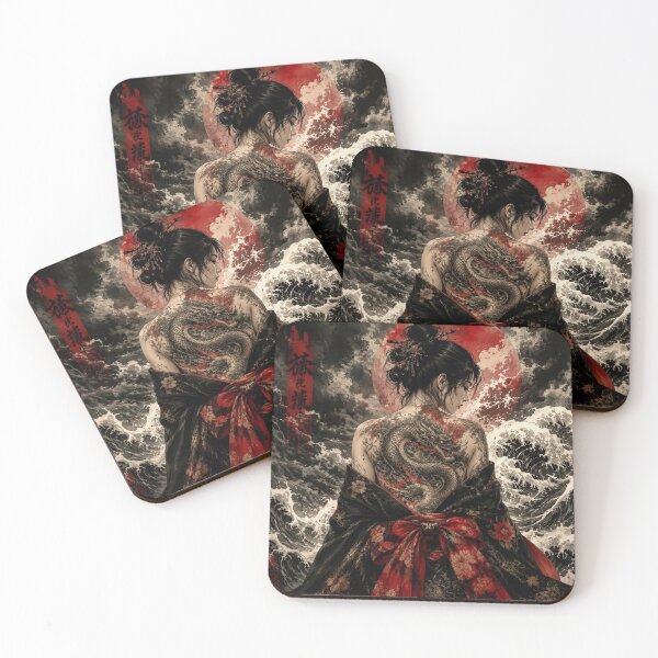 Item preview, Women's Black Kimono with Dragon Irezumi - Red Moon and Japanese Waves designed and sold by Natalia-Vlad.