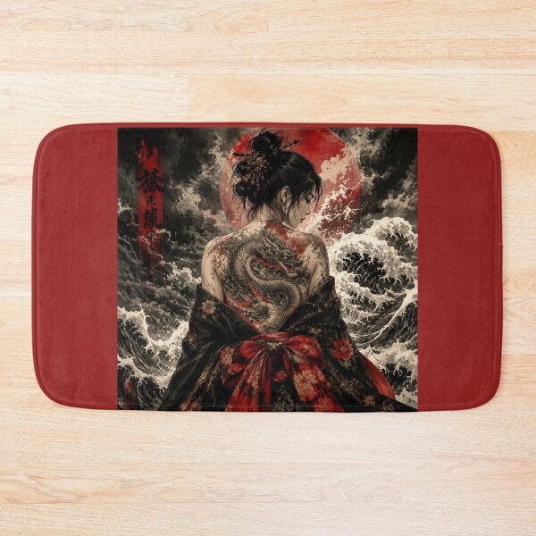 Item preview, Women's Black Kimono with Dragon Irezumi - Red Moon and Japanese Waves designed and sold by Natalia-Vlad.