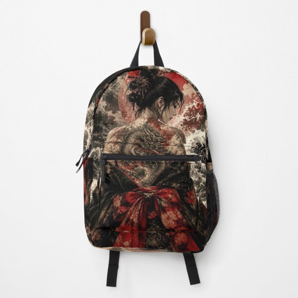 Item preview, Women's Black Kimono with Dragon Irezumi - Red Moon and Japanese Waves designed and sold by Natalia-Vlad.