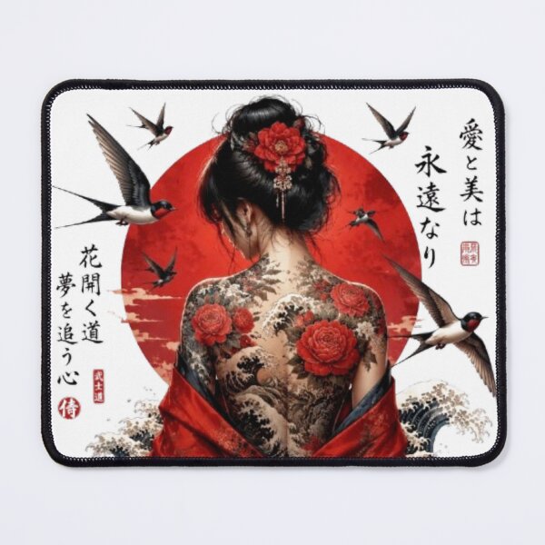 Item preview, Japanese Woman in Red Kimono and Back Tattoo - Rising Sun Irezumi designed and sold by Natalia-Vlad.