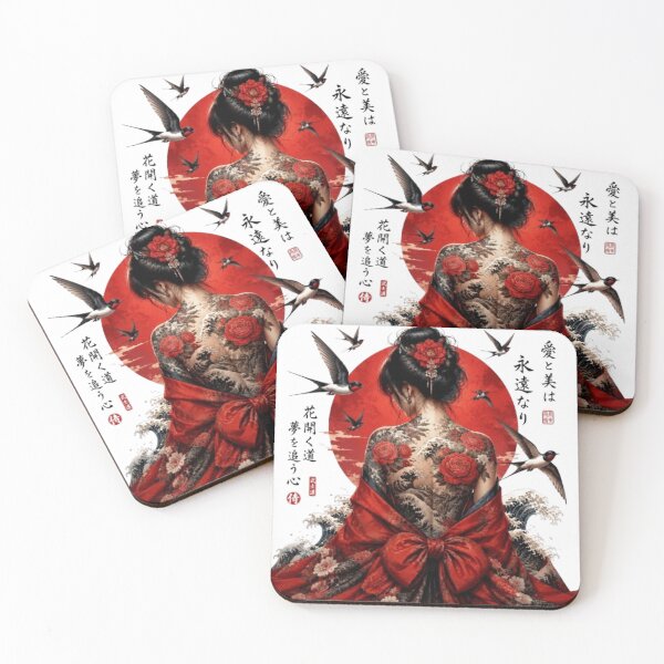 Item preview, Japanese Woman in Red Kimono and Back Tattoo - Rising Sun Irezumi designed and sold by Natalia-Vlad.