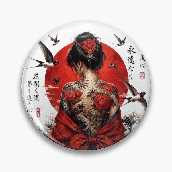 Item preview, Japanese Woman in Red Kimono and Back Tattoo - Rising Sun Irezumi designed and sold by Natalia-Vlad.