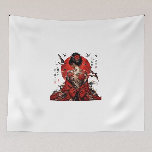 Item preview, Japanese Woman in Red Kimono and Back Tattoo - Rising Sun Irezumi designed and sold by Natalia-Vlad.