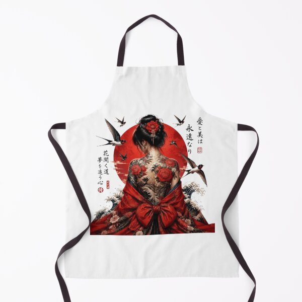 Item preview, Japanese Woman in Red Kimono and Back Tattoo - Rising Sun Irezumi designed and sold by Natalia-Vlad.