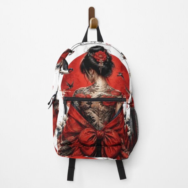 Item preview, Japanese Woman in Red Kimono and Back Tattoo - Rising Sun Irezumi designed and sold by Natalia-Vlad.