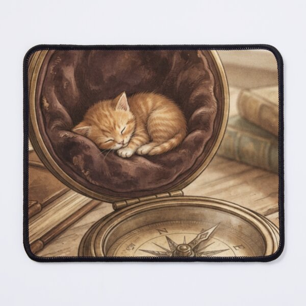 Item preview, Tiny Kitten Sleeping in a Giant Vintage Compass Case Miniature Illustration designed and sold by DuckOddity.