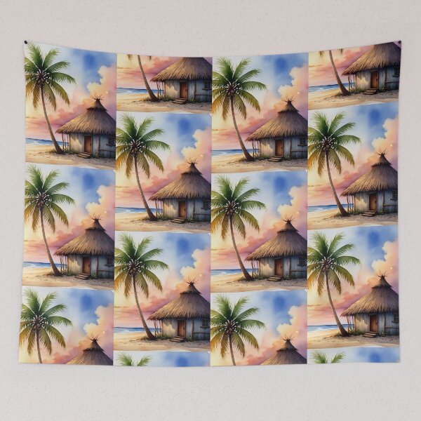 Item preview, Tropical Escape: Sunset Beach Hut Watercolor designed and sold by jo-e-basta.