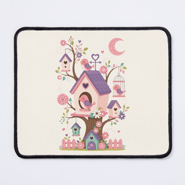 Item preview, Whimsical Pink Birdhouse Tree with Cute Birds designed and sold by AliceAndCats.
