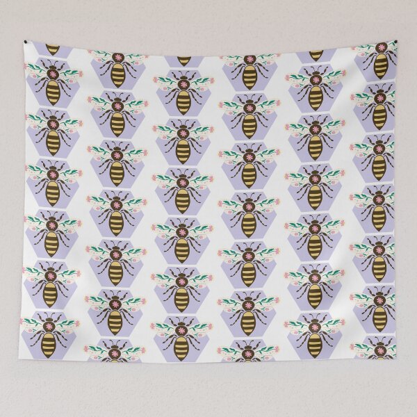 Item preview, Celebrate nature with this cheerful bee illustration, surrounded by colourful flowers on a soft lilac hexagon background. designed and sold by poppet103.