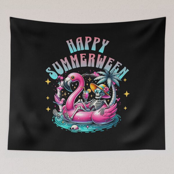 Item preview, Happy Summerween Skeleton in Flamingo Floatie designed and sold by The Retromotel.