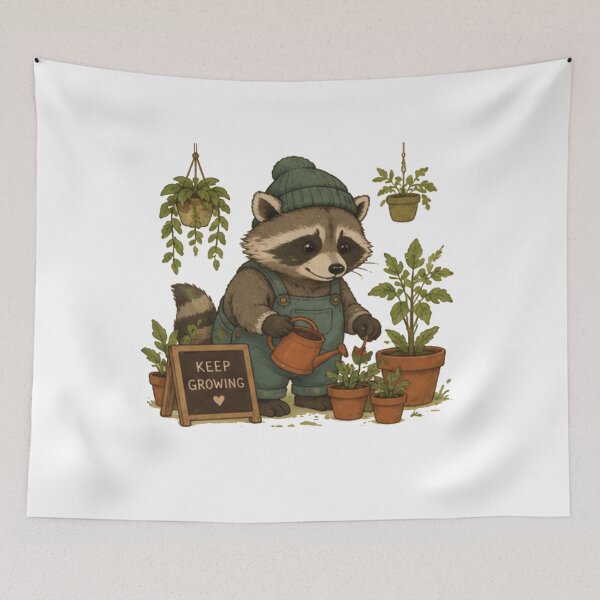 Item preview, Cute Gardening Raccoon with Keep Growing Sign designed and sold by JustFeature.