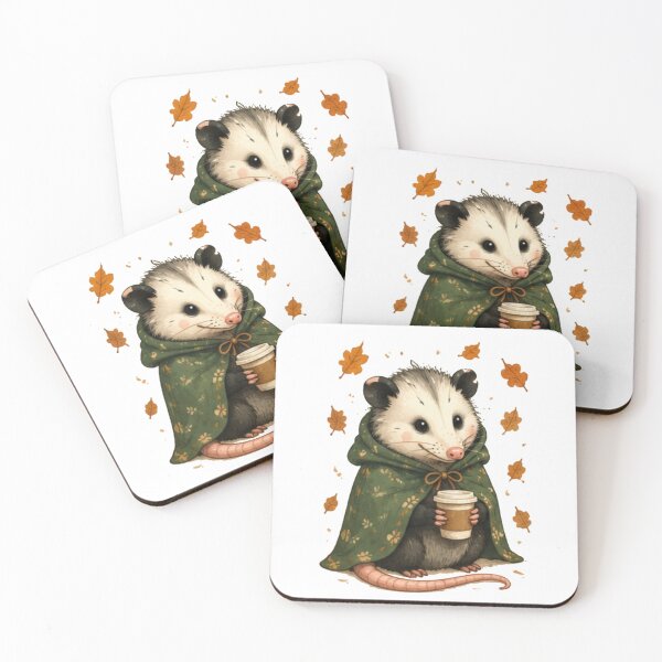 Item preview, Cozy Autumn Opossum with Coffee Mug designed and sold by JustFeature.