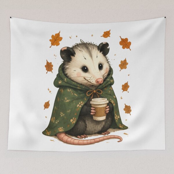 Item preview, Cozy Autumn Opossum with Coffee Mug designed and sold by JustFeature.