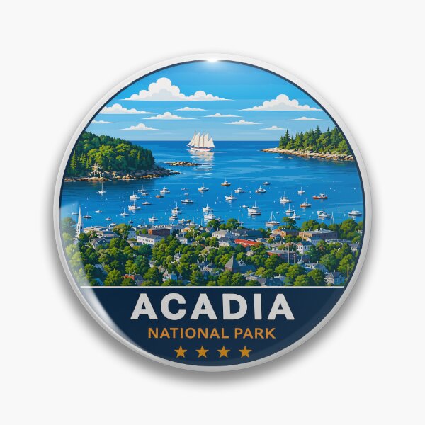 Artikelvorschau, Retro-Abzeichen des Acadia-Nationalparks in Maine, USA entworfen und verkauft von Gideon Emmerich.