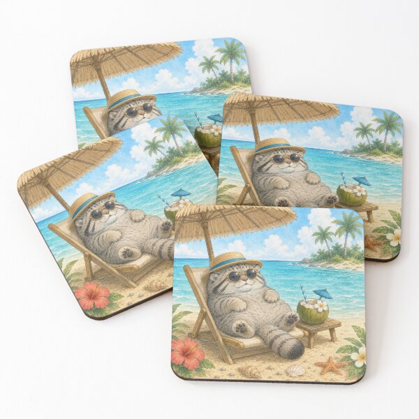 Item preview, Cute Pallas Cat on Summer Vacation | Tropical Beach Illustration designed and sold by Little Moments Co..