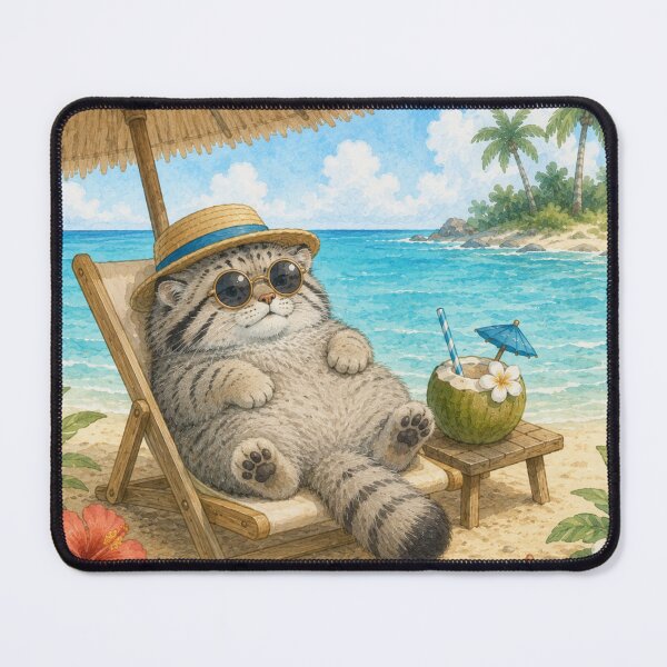 Item preview, Cute Pallas Cat on Summer Vacation | Tropical Beach Illustration designed and sold by Little Moments Co..