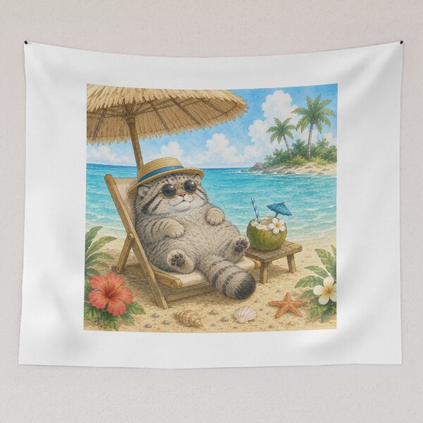 Item preview, Cute Pallas Cat on Summer Vacation | Tropical Beach Illustration designed and sold by Little Moments Co..
