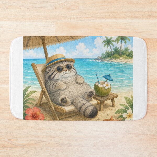 Item preview, Cute Pallas Cat on Summer Vacation | Tropical Beach Illustration designed and sold by Little Moments Co..