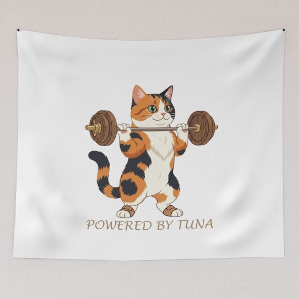 Item preview, Funny Calico Cat Lifting Gold Dumbbells Fitness Illustration designed and sold by Northern Glow Art.
