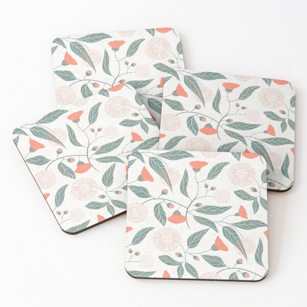 Item preview, Australian gum tree blossoms - linen texture - coral pink teal on white designed and sold by ahahdodo.