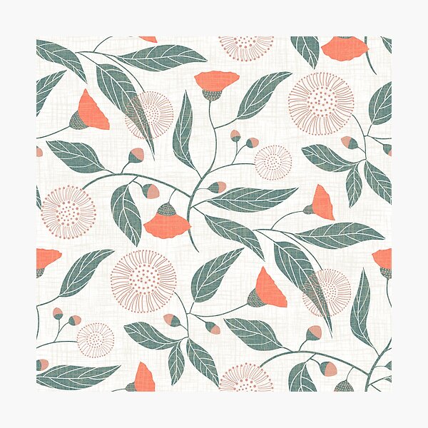 Item preview, Australian gum tree blossoms - linen texture - coral pink teal on white designed and sold by ahahdodo.