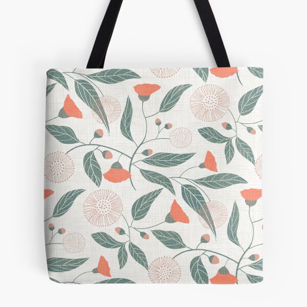 Item preview, Australian gum tree blossoms - linen texture - coral pink teal on white designed and sold by ahahdodo.
