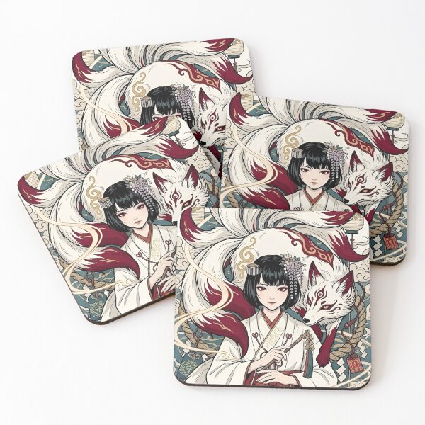Aperçu de l'œuvre Affiche d'art représentant une kitsune à neuf queues, prêtresse shinto | Art mural fantastique yokai japonais | Affiche à l'esthétique mystique anime créée et vendue par Dyan4.