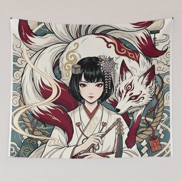 Item preview, Nine-Tailed Kitsune Fox Shrine Maiden Art Print | Japanese Yokai Fantasy Wall Art | Mystic Anime Aesthetic Poster designed and sold by Dyan4.