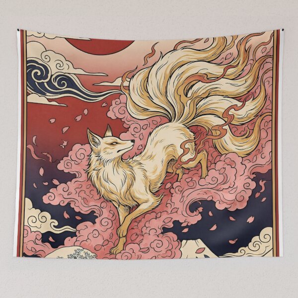 Item preview, Mythical Nine-Tailed Fox Spirit | Japanese Ukiyo-e Inspired Kitsune Art | Celestial Yokai Illustration designed and sold by Dyan4.