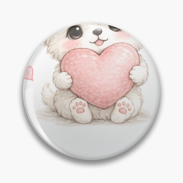 Item preview, Fluffy White Puppy Holding a Pink Heart - Daisuki Cute Kawaii Dog designed and sold by ArtPrintPov.