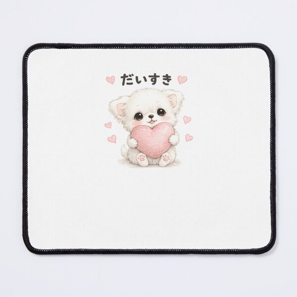 Item preview, Fluffy White Puppy Holding a Pink Heart - Daisuki Cute Kawaii Dog designed and sold by ArtPrintPov.