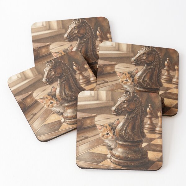 Item preview, Tiny Kitten Peeking from a Giant Vintage Chess Knight Miniature Illustration designed and sold by DuckOddity.
