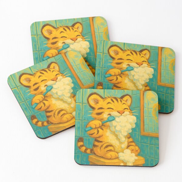 Item preview, Abstract Painting of Tiny Tiger Toothbrushing | Whimsical Cute Animal Illustration | Colorful Modern Nursery Wall Art Print designed and sold by PaintedPixels01.