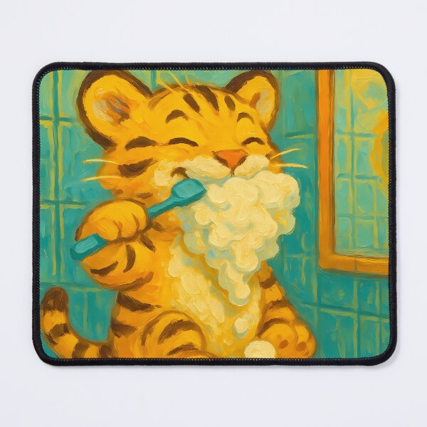 Item preview, Abstract Painting of Tiny Tiger Toothbrushing | Whimsical Cute Animal Illustration | Colorful Modern Nursery Wall Art Print designed and sold by PaintedPixels01.