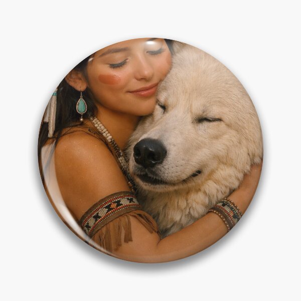 Item preview, American Indian girl hugging a white wolf designed and sold by lumiereartco.