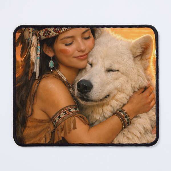 Item preview, American Indian girl hugging a white wolf designed and sold by lumiereartco.
