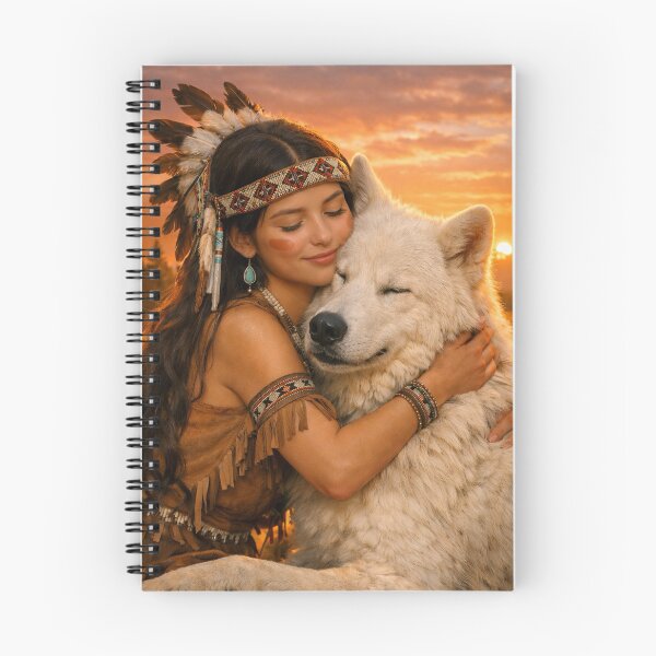 Item preview, American Indian girl hugging a white wolf designed and sold by lumiereartco.