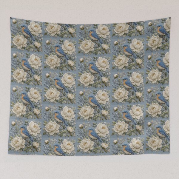 Item preview, Blue Tit Botanical Faux Embroidery designed and sold by HavuNordicShop.