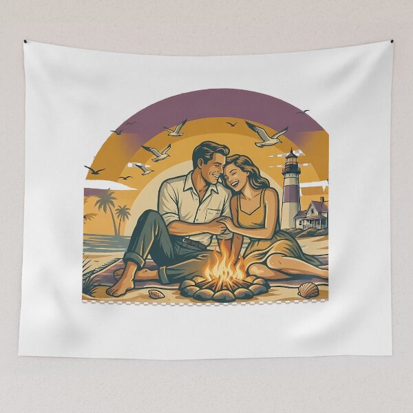 Item preview, Bonfire Evening Vintage Beach Vacation Couple designed and sold by OliviaHayesArt.