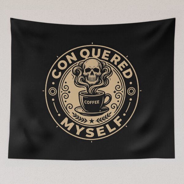 Item preview, Conquered Myself Skull Coffee Cup Vintage Emblem designed and sold by SplashTastic.