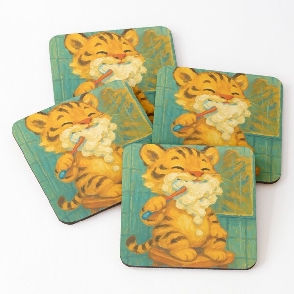 Item preview, Abstract Painting of Tiny Tiger Toothbrushing | Whimsical Cute Tiger Illustration | Colorful Modern Kids Bathroom Wall Art Print designed and sold by PaintedPixels01.