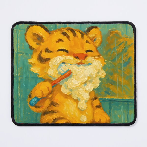 Item preview, Abstract Painting of Tiny Tiger Toothbrushing | Whimsical Cute Tiger Illustration | Colorful Modern Kids Bathroom Wall Art Print designed and sold by PaintedPixels01.