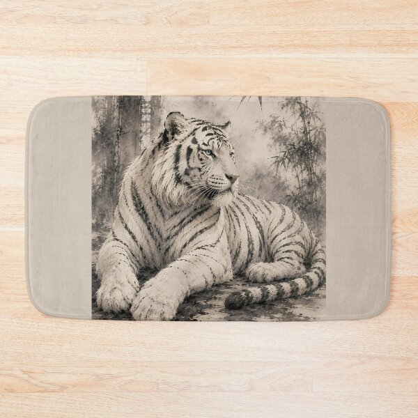 Item preview, Majestic White Tiger in Misty Bamboo Forest | Traditional Ink Wildlife Art designed and sold by ManJiangHong.