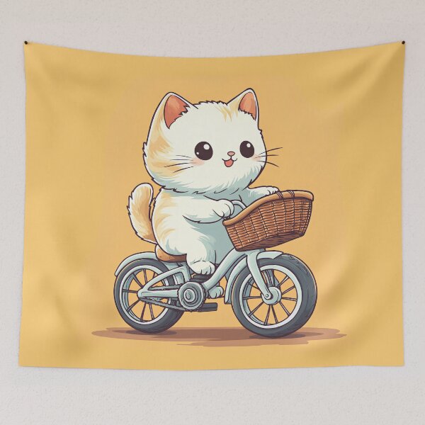 Item preview, Cute Kawaii Cat Riding Bicycle – Adorable Kitten with Basket Cartoon Animal Illustration designed and sold by Windy-market.