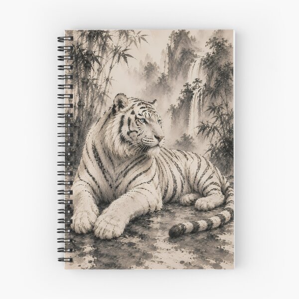 Item preview, Majestic White Tiger in Misty Bamboo Forest | Traditional Ink Wildlife Art designed and sold by ManJiangHong.