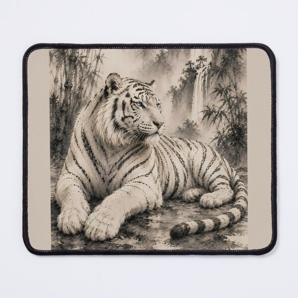 Item preview, Majestic White Tiger in Misty Bamboo Forest | Traditional Ink Wildlife Art designed and sold by ManJiangHong.